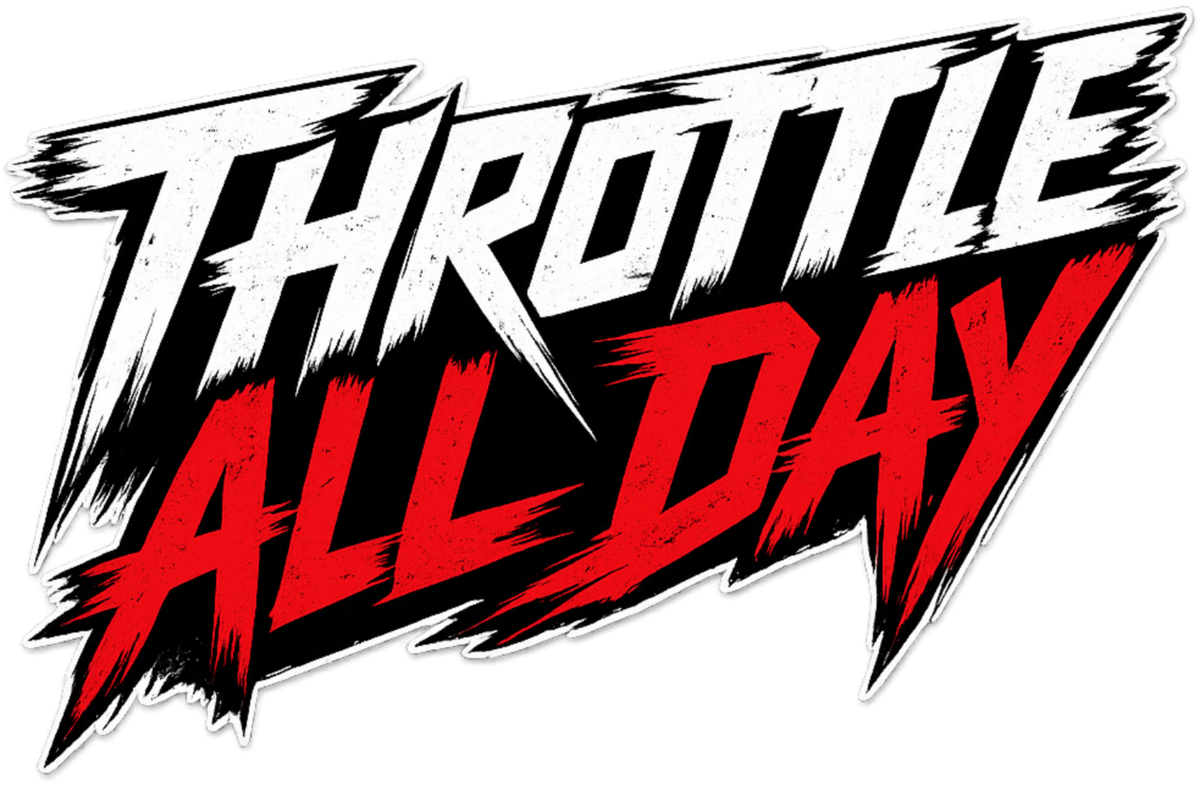 Stylized text 'Throttle All Day' with a red and black design on a white background